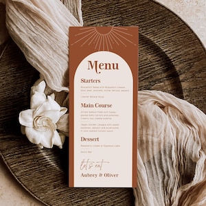 Boho Modern Wedding Menu Template, Editable Retro Wedding Menu, Printable, 9x4, Terracotta, Mid Century, Arch, Sunburst, Tall Menu, VWC68
