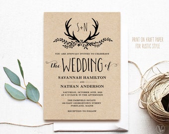 Rustic Antler Wedding Invitation, Editable Rustic Wedding Invitation Template, Printable, Kraft, DIY, Floral Antler, VW19