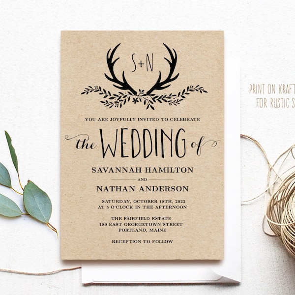 Rustic Antler Wedding Invitation, Editable Rustic Wedding Invitation Template, Printable, Kraft, DIY, Floral Antler, VW19