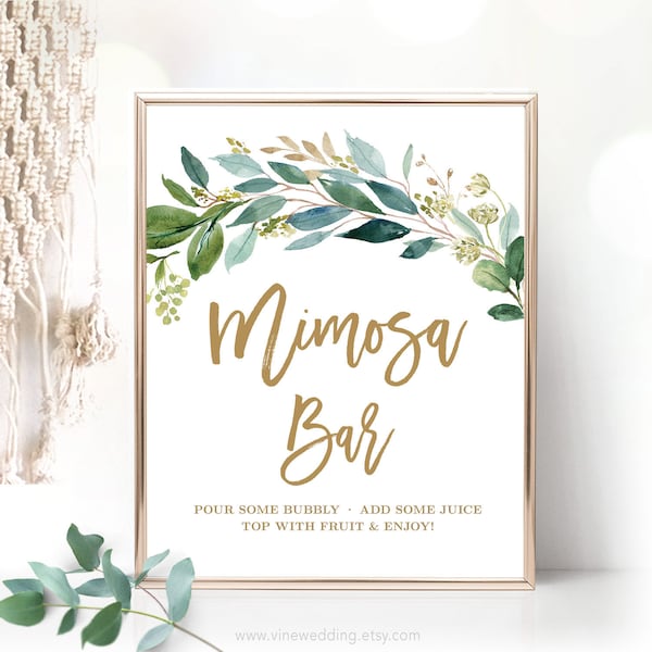 Mimosa Bar Sign, Printable Bridal Shower Sign, Bridal Shower Mimosa Bar Sign, Bubbly Sign, Boho Greenery, Rustic, Gold, VWC79