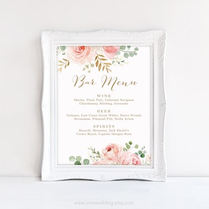 Blush Pink Floral Bar Menu Sign, Printable Bar Menu Sign Template, Wedding Bar Menu Sign, Editable, VWC94