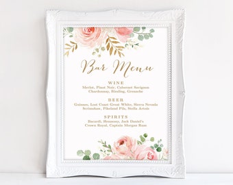 Blush Pink Floral Bar Menu Sign, Printable Bar Menu Sign Template, Wedding Bar Menu Sign, Editable, VWC94