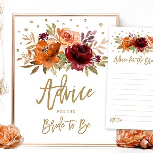 Advice for the Bride to Be Sign and Cards, Bridal Shower, Bridal Shower Game, Wishes for Bride, Fall, Autumn, Sienna, Floral, VWC76
