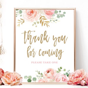 Thank You for Coming Favors Sign, Printable Favors Sign, Bridal Shower Sign, Blush Pink Floral, Gold, VWC95