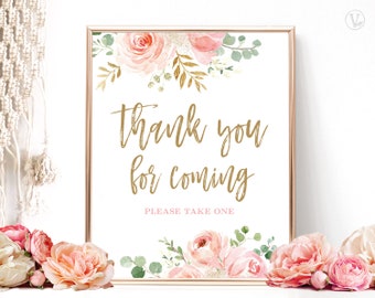 Thank You for Coming Favors Sign, Printable Favors Sign, Bridal Shower Sign, Blush Pink Floral, Gold, VWC95
