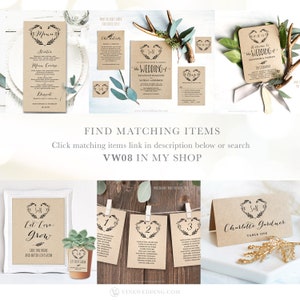 May include: A set of wedding stationery with a rustic theme. The stationery includes a menu, a welcome sign, a seating chart, a table number card, and a sign that says "Let Love Grow". The stationery is printed on kraft paper and features a floral wreath with the initials "S+N" in the center.