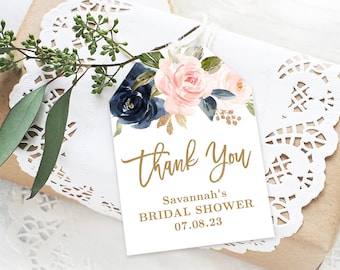 Thank You Favor Tags, Printable Bridal Shower Favor Tag Template, Editable, Navy, Pink, Blush, Floral, VWC78