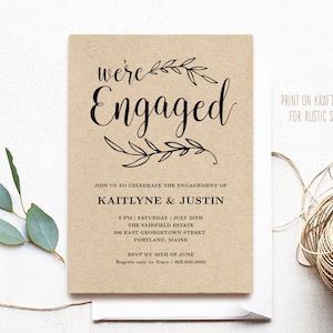 Engagement Invitation Template, Printable Engagement Party Invitation,  Rustic Engagement Reception Invitation, Editable Text, Kraft, VW01