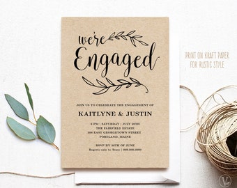 Engagement Invitation Template, Printable Engagement Party Invitation,  Rustic Engagement Reception Invitation, Editable Text, Kraft, VW01