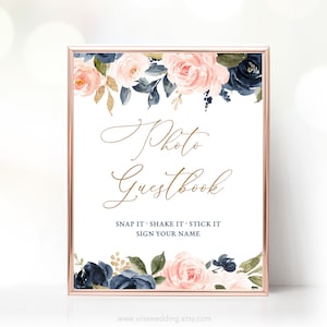 Photo Guestbook Sign, Printable Photo Guestbook Wedding Sign Template, Editable, Navy Blue, Blush, 8x10, Navy and Pink Floral, VWT13
