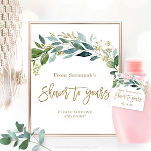 From My Shower to Yours Favors Sign and Tags, Printable Bridal Shower Soap Favors Tags, Bath Gel Bottle, Boho Greenery, VWC79, VWC77
