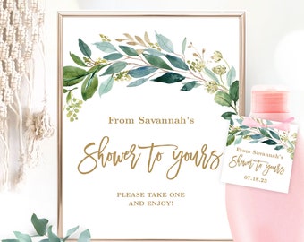 From My Shower to Yours Favors Sign and Tags, Printable Bridal Shower Soap Favors Tags, Bath Gel Bottle, Boho Greenery, VWC79, VWC77