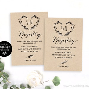 Editable Wedding Registry Card, Printable Registry Card Template, DIY, Rustic, Kraft, Heart Wreath, VW08