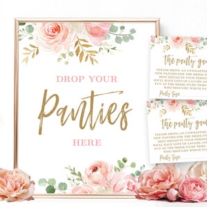 The Panty Game, Bridal Shower Game, Printable Drop Your Panties Here Sign, The Panty Game Cards, Floral, Blush Pink and Gold, VWC95
