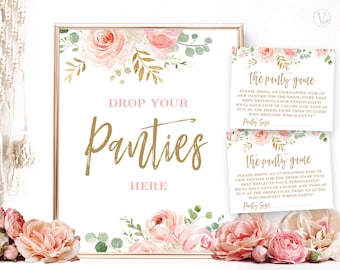 The Panty Game, Bridal Shower Game, Printable Drop Your Panties Here Sign, The Panty Game Cards, Floral, Blush Pink and Gold, VWC95