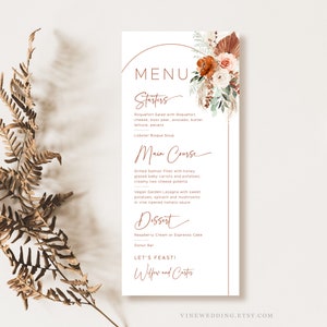 Boho Wedding Menu, Arch Wedding Menu Template, Printable Pampas Wedding Menu, 9x4, Terracotta, Rust, Floral, VWC72