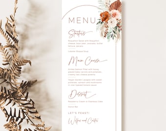 May include: A wedding menu with a floral design in shades of orange, brown, and green. The menu lists starters, main course, dessert, and a donut bar. The text at the bottom reads "Let's Feast! Willow and Carter".