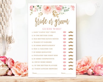 Bridal Shower Game, Guess Who, Bride or Groom Game, Printable Bridal Party Games, Bridal Shower Games, Blush Pink Floral, VWC95