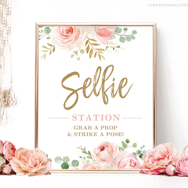 Selfie Station Sign, Printable Selfie Booth Sign, Bridal Shower Sign, Decor, Blush Pink Floral, VWC95