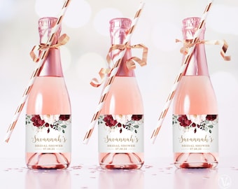 Mini Bridal Shower Champagne Bottle Labels, Printable and Editable Mini Champagne Favor Label Template, Burgundy Pink Floral, VWC83