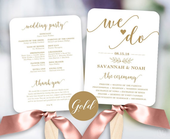 Gold Wedding Fans Printable Wedding Fan Program Template Fan Etsy
