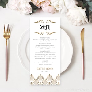 Editable Art Deco Wedding Menu Template, Printable Wedding Menu, Gatsby, Gold, Tall, Shell, Black, VW46