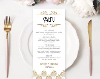 Editable Art Deco Wedding Menu Template, Printable Wedding Menu, Gatsby, Gold, Tall, Shell, Black, VW46