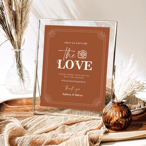 Wedding Hashtag Sign, Capture the Love Sign, Editable Wedding Hashtag Template, Retro, Terracotta, Boho, Mid Century, 8x10, 5x7 Size, VWC68