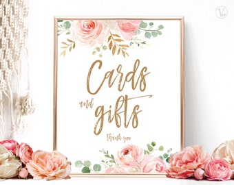 Blush Pink Floral Cards and Gifts Sign, Printable Cards & Gifts Sign, Bridal Shower Sign, Floral, Gold, VWC95