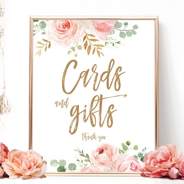 Blush Pink Floral Cards and Gifts Sign, Printable Cards & Gifts Sign, Bridal Shower Sign, Floral, Gold, VWC95