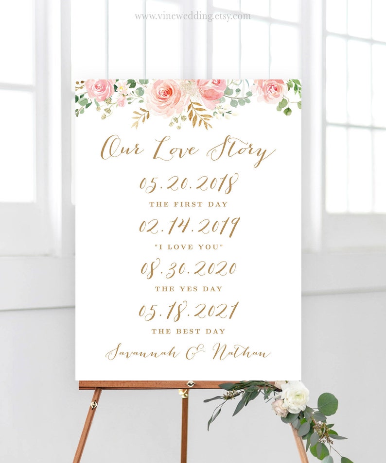Puede incluir: Un cartel blanco con letras doradas que dice "Our Love Story" y enumera fechas importantes en una relaci&oacute;n. Las fechas son 05.20.2018, 02.14.2019, 08.30.2020 y 05.18.2021. El cartel est&aacute; decorado con un borde floral de rosas rosas y hojas verdes.