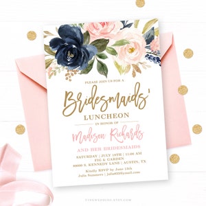 Bridesmaids&#39; Luncheon Invitation Template, Editable, Printable Bridesmaids Luncheon Invitation, Navy, Pink, Floral, VWC78