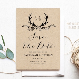 Rustic Save the Date Template, Editable Save the Date Card, Kraft Save the Date Card, Printable, DIY Save the Date Card, Rustic Antler, VW19
