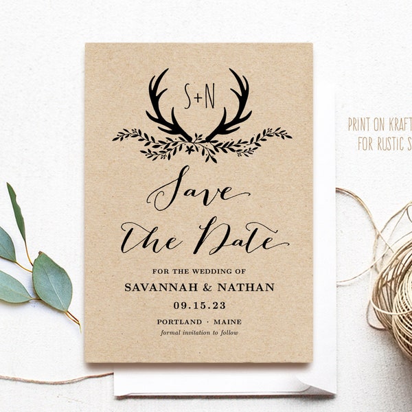 Rustic Save the Date Template, Editable Save the Date Card, Kraft Save the Date Card, Printable, DIY Save the Date Card, Rustic Antler, VW19