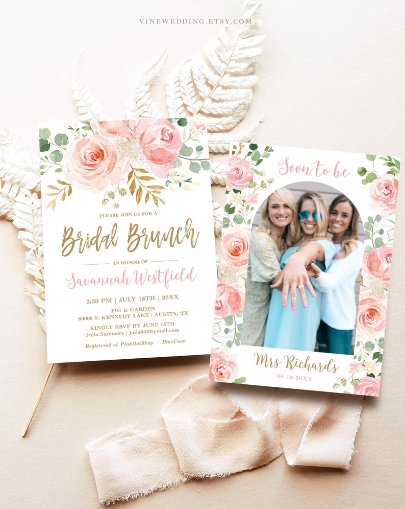 Blush Pink Floral Bridal Brunch Invitation Template, Editable, Printable Bridal Shower Brunch Invitation, Blush Pink and Gold, VWC95 image 2