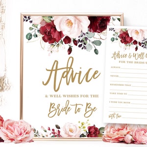 Advice & Well Wishes for the Bride-to-Be Sign and Notecards, Printable Bridal Shower Sign and Note Card, Floral, Burgundy Pink, Gold, VWC83