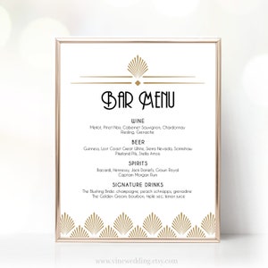 Editable Art Deco Bar Menu Sign Template, Printable Bar Menu Sign, 8x10 Wedding Bar Menu Sign, Gatsby, Shell, Gold, Black, VW46