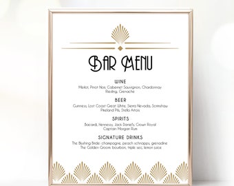Editable Art Deco Bar Menu Sign Template, Printable Bar Menu Sign, 8x10 Wedding Bar Menu Sign, Gatsby, Shell, Gold, Black, VW46