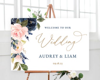 Navy and Blush Wedding Welcome Sign, Printable Wedding Welcome Sign Template, Editable, Navy and Pink, Floral, Wedding Sign, Blush, VWT13