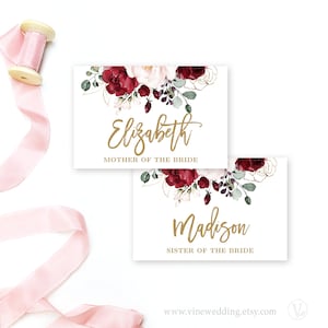 Printable Name Labels, Bridal Name Tags, Bridal Shower, Wedding, Editable Template, Burgundy Pink Floral, VWC83