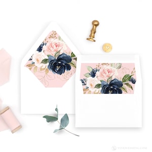 Navy and Blush Envelope Liner, Printable Envelope Liner Template, Pink, 10 Sizes, Euro Flap, Square Flap, A7, A6, A2, A1 or 4-Bar, VWT13