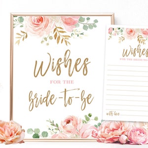 Wishes for the Bride-to-Be Sign and Notecards, Printable Bridal Shower Sign and Note Cards,  Floral, Blush Pink, Gold, VWC95
