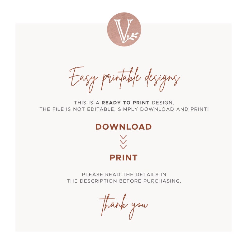 Puede incluir: Un dise&ntilde;o digital con el texto "Easy printable designs". Se incluyen instrucciones para descargar e imprimir. El texto est&aacute; en una fuente marr&oacute;n sobre un fondo crema. Un logotipo circular con una "V" y hojas est&aacute; en la parte superior.