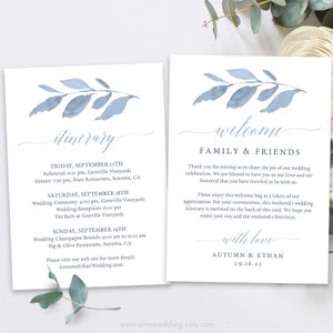 Dusty Blue Leaves Welcome and Itinerary Note, Printable Wedding Welcome Letter Template, Slate, Gray, Grey, VWT12