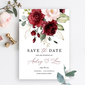 Save the Date Card, Printable Wedding Save the Date Template, Calligraphy, 4x6, 5x7, Plum, Wine, Burgundy Pink Floral, VWT14 image 3