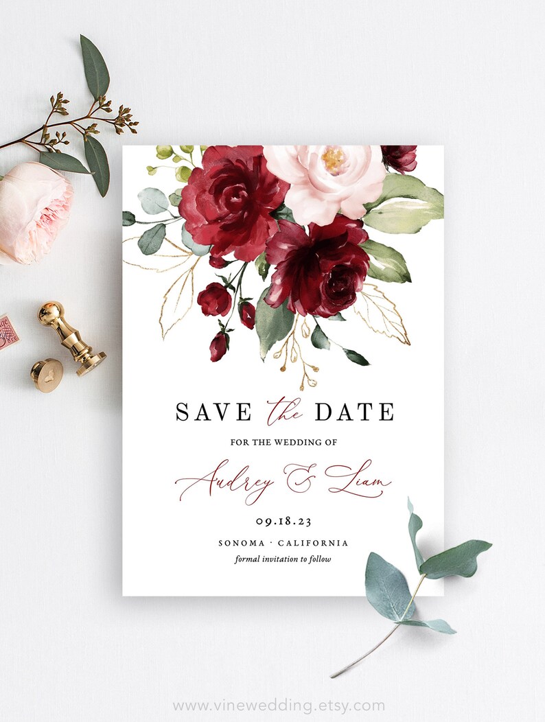 Save the Date Card, Printable Wedding Save the Date Template, Calligraphy, 4x6, 5x7, Plum, Wine, Burgundy Pink Floral, VWT14 image 3