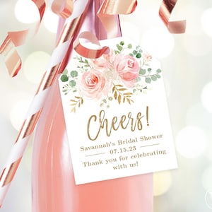 Champagne or Wine Bottle Favor Tags, Printable Bridal Shower Favor Tag Template, Editable Favor Tags, Blush Pink Floral, Cheers, VWC95