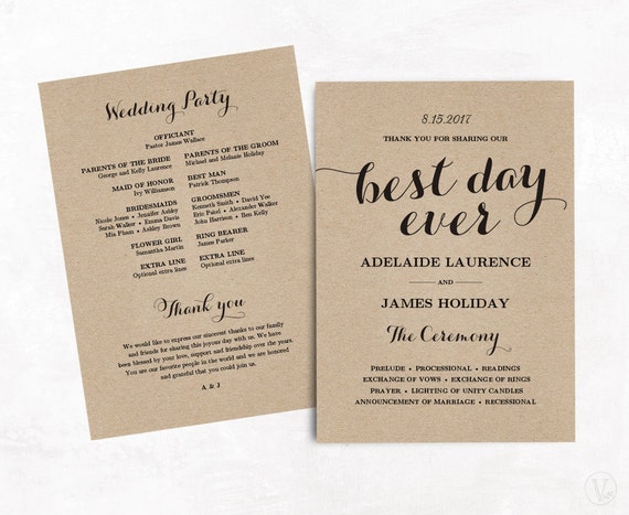 Wedding Program Template Kraft Paper Program Diy Wedding Etsy
