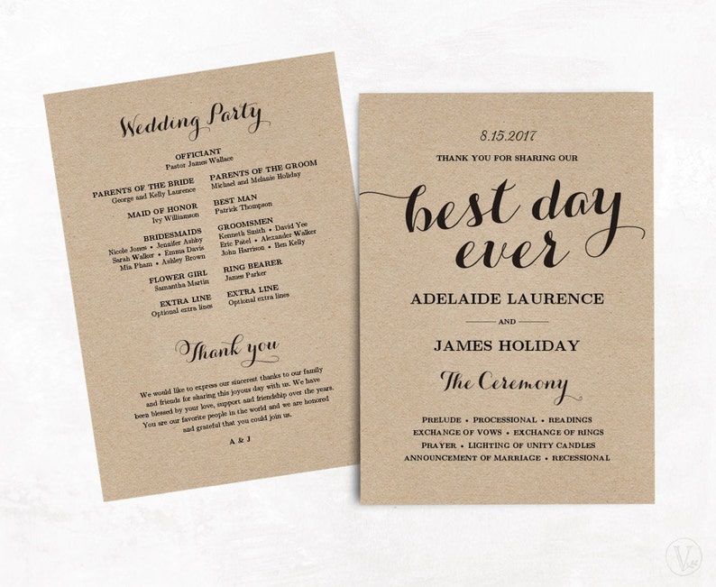 Wedding Program Template Kraft Paper Diy Modern And Simple Editable Text 5x7 Best Day Ever