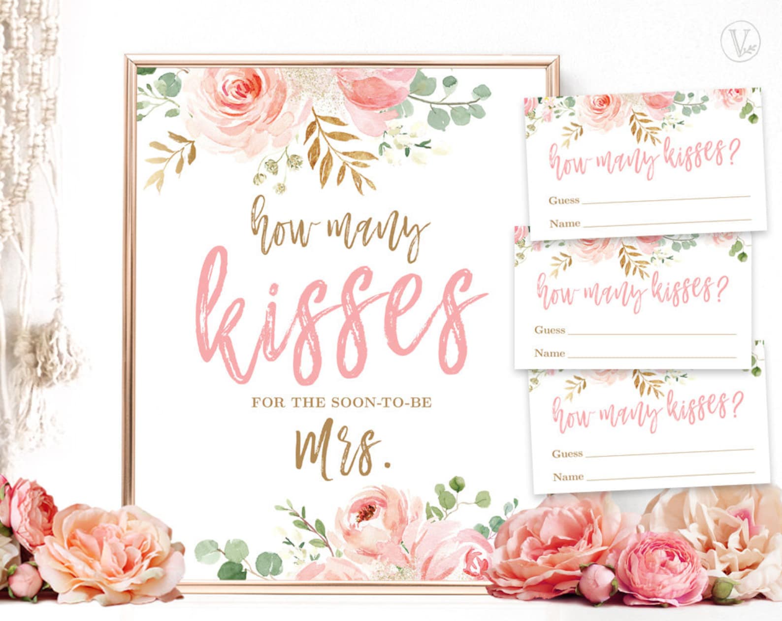 "How Many Kisses" Bridal Shower Game Set - 1 Sign & 30 Cards For The Soon-to-Be Mrs